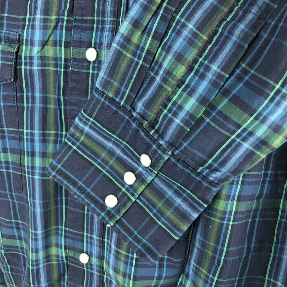Wrangler‎ Western Shirt Men's Large Pearl Snaps Cowboy Rodeo Farm Ranch Blue L/S
